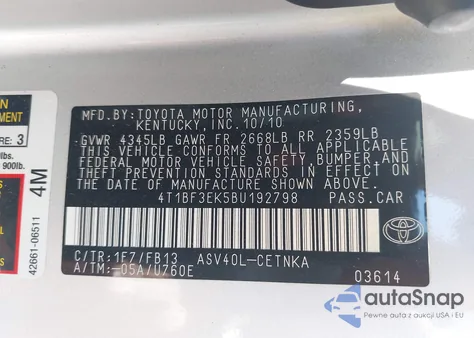 2011 Toyota Camry Le from USA, damaged, VIN 4T1BF3EK5BU192798
